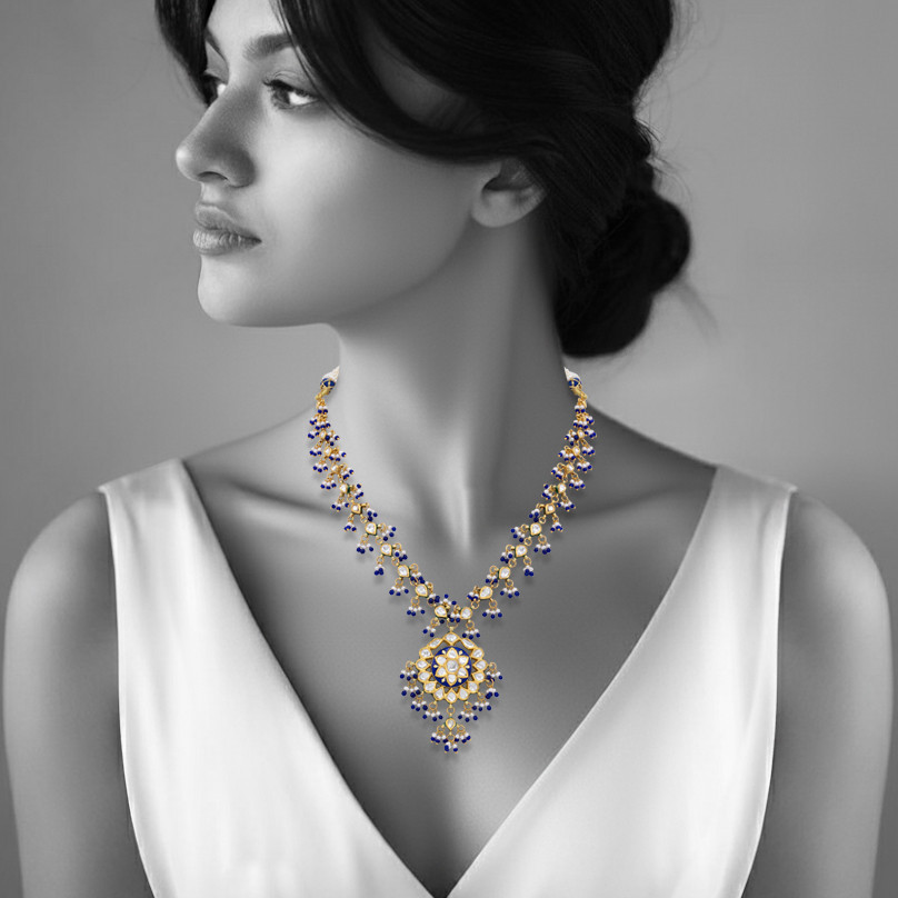 Blue Enamel Polki Necklace with Pearl and Bead Accents